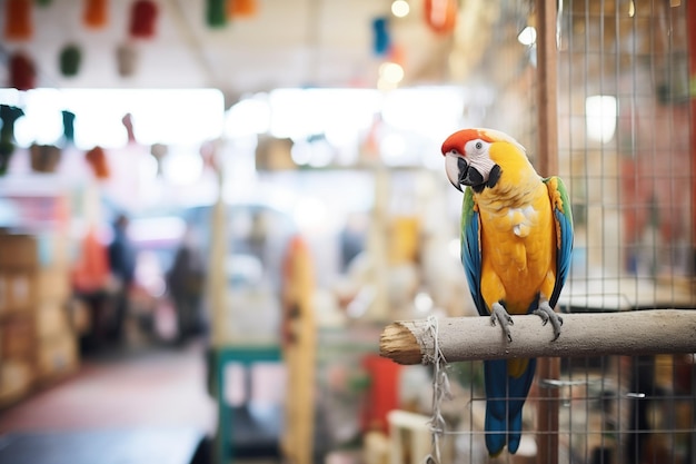 Photo parrot on a perch in a pet store with cages in the background