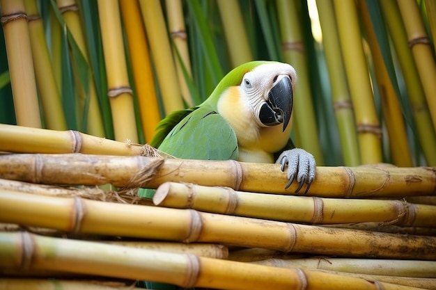 Папуга, сидящий на бамбуковых побегах