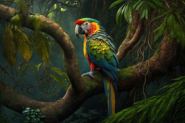 Parrot perched on tree branch surveying the jungle created with generative ai