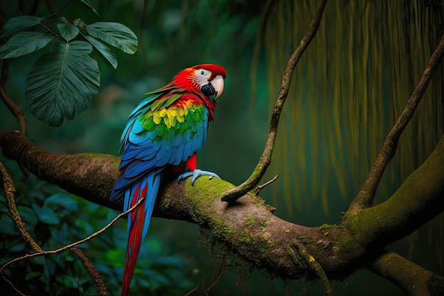 Parrot perched on tree branch surveying the jungle created with generative ai