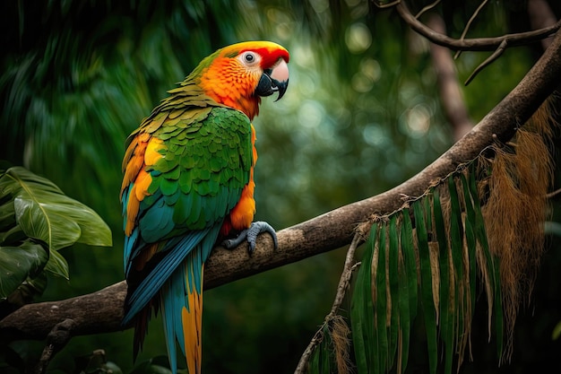 Parrot perched on tree branch surveying jungle from above created with generative ai