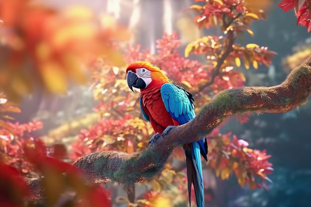 A parrot sits on a branch in a colorful forest.