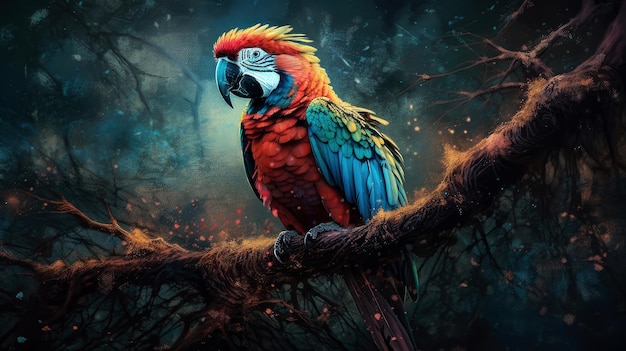 A parrot sits on a branch in the forest.