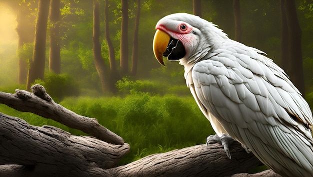 A parrot sits on a branch in a forest