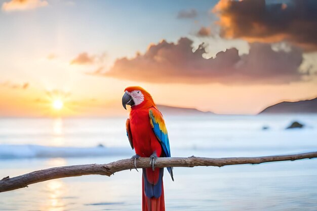 A parrot sits on a branch in front of a sunset.