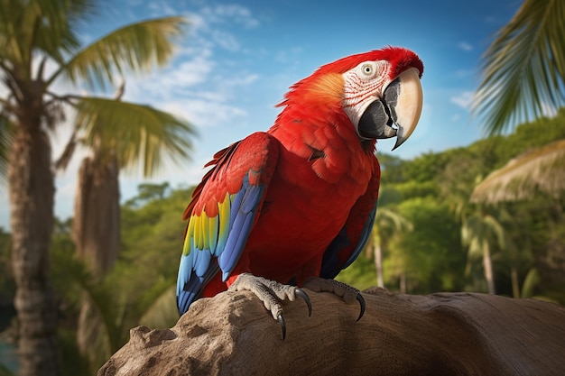 A parrot sits on a branch in front of a tropical forest.