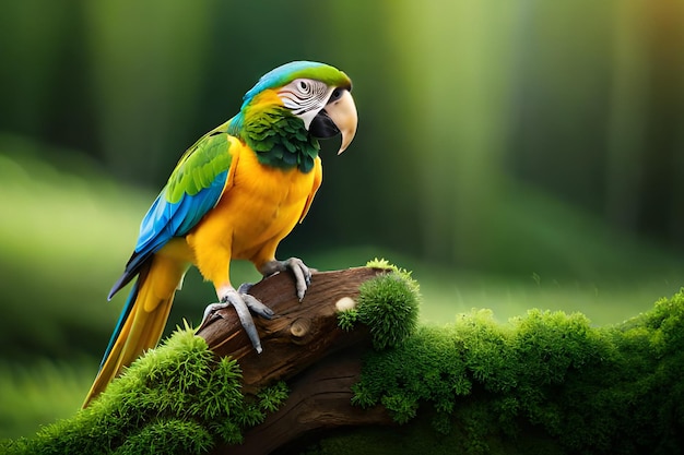 A parrot sits on a branch in a green background.