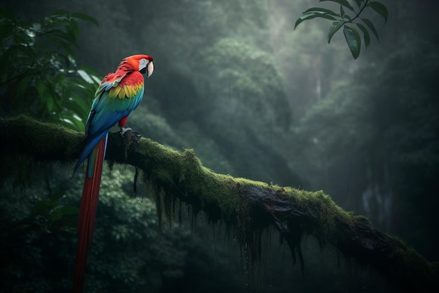 앵무새 한 마리가 정글의 나뭇가지에 앉아 있습니다.
