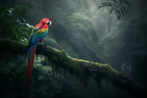 A parrot sits on a branch in the jungle.