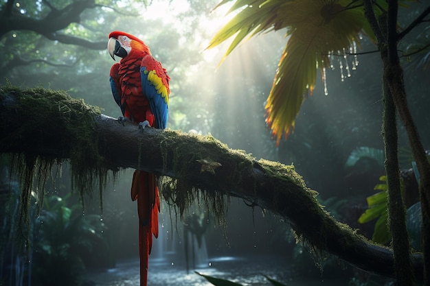 A parrot sits on a branch in the jungle.