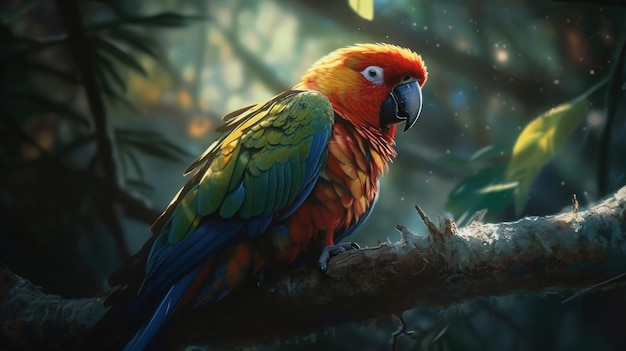 A parrot sits on a branch in the jungle.