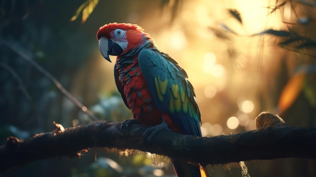 A parrot sits on a branch in the jungle.