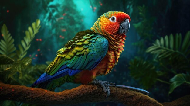 A parrot sits on a branch in a jungle.