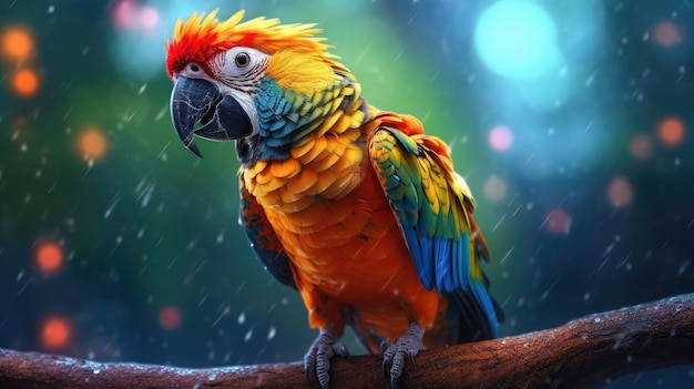 A parrot sits on a branch in the rain.