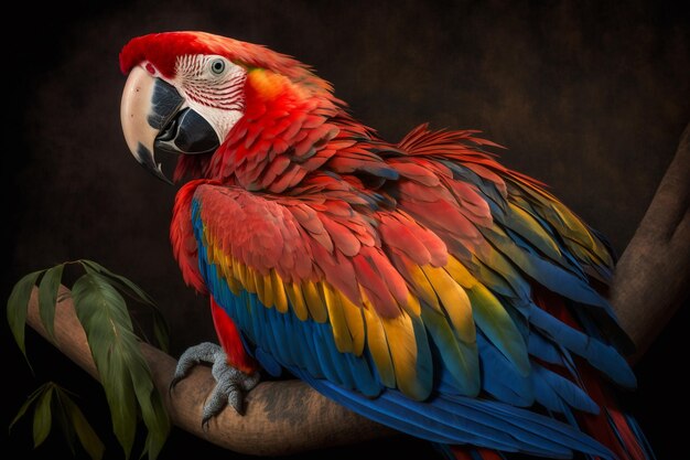 A parrot sits on a branch with a dark background.