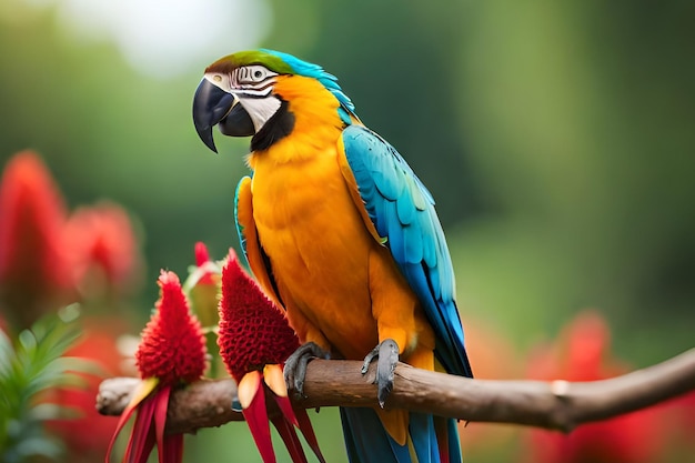 A parrot sits on a branch with flowers in the background