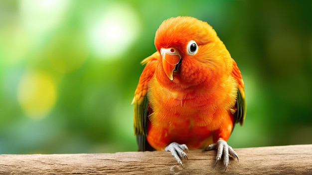 A parrot sits on a branch with green background.