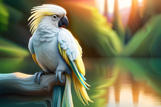 A parrot sits on a branch with the sun shining on it.