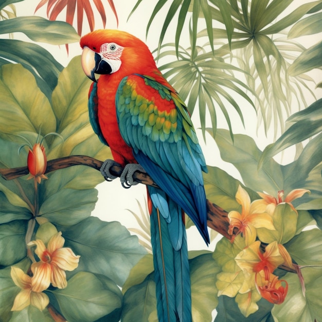 A parrot sits on a branch with tropical leaves.