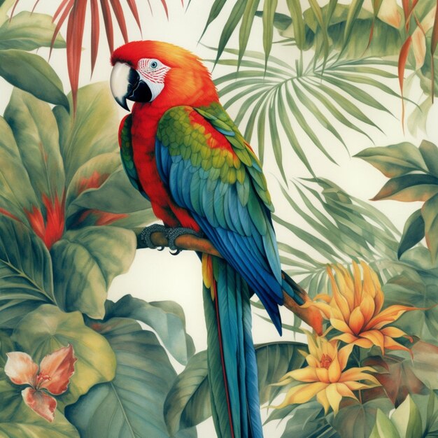 A parrot sits on a branch with tropical leaves.