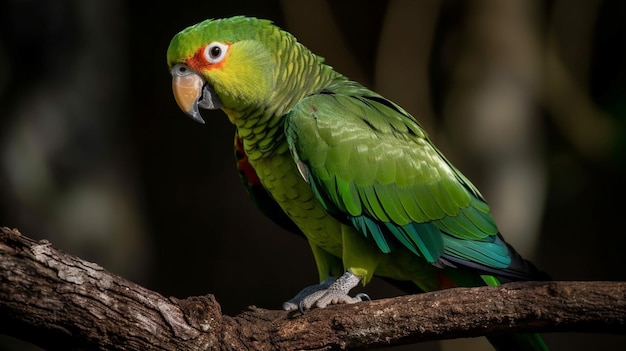 A parrot sits on a branch with the word parrot on it.