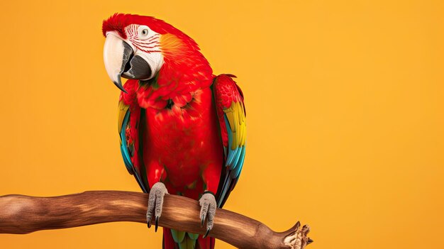 A parrot sits on a branch with a yellow background