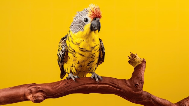 A parrot sits on a branch with a yellow background.
