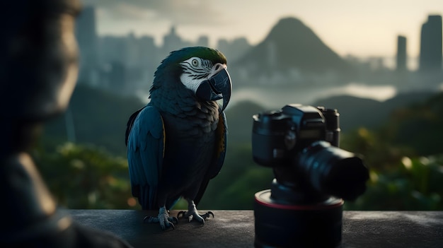 A parrot sits on a ledge in front of a camera and a city in the background.