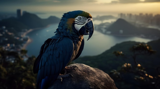 A parrot sits on a rock in front of a mountain.