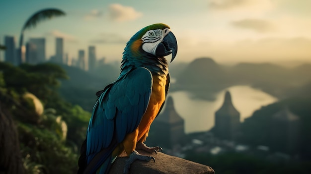 A parrot sits on a rock in rio de janeiro