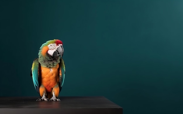 A parrot sits on a table in front of a dark blue background.
