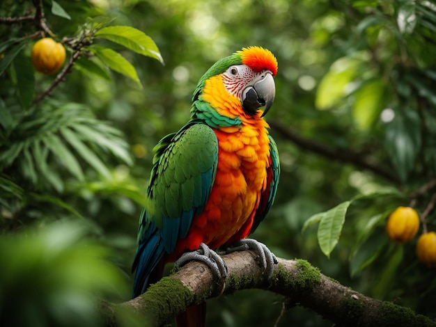 A parrot sitting on a tree branch surrounded by lush greenery