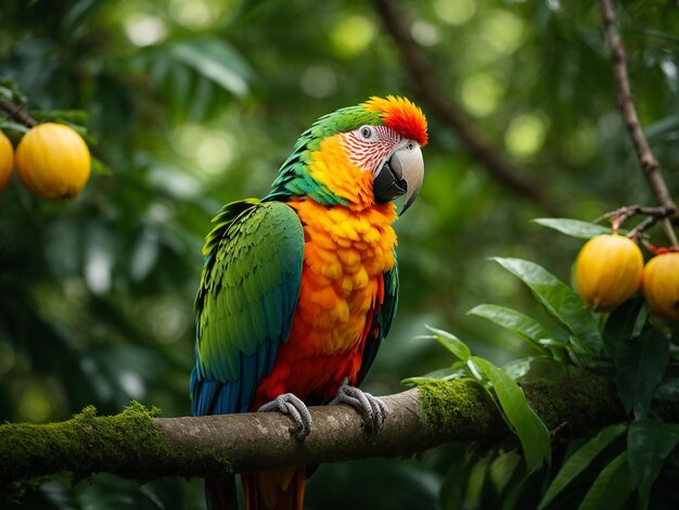 A parrot sitting on a tree branch surrounded by lush greenery