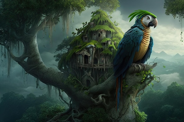 Parrot on top of tree surveying its jungle home created with generative ai