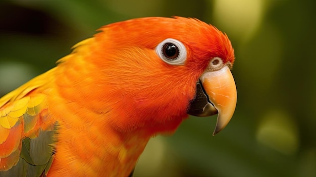 A parrot with a beak that says'lovebird'on it