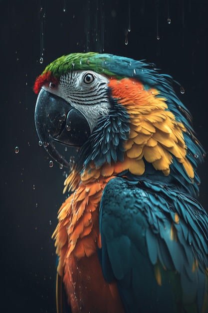 A parrot with a black background and a water drop on it