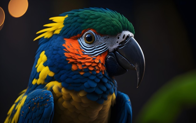 A parrot with a blue and green head sits on a dark background.