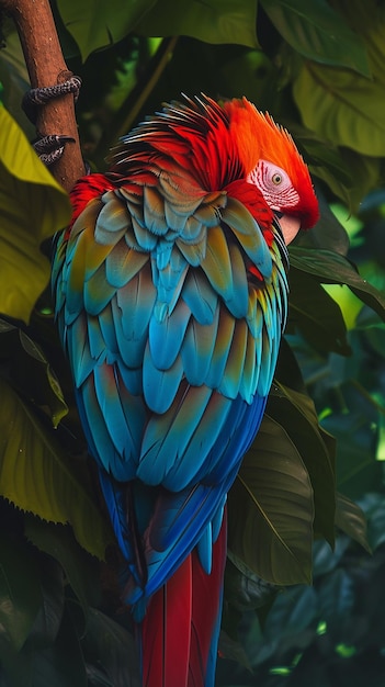 A parrot with blue and red feathers sits in a tree