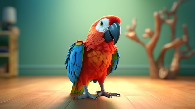 A parrot with blue and red feathers stands on a wooden floor.