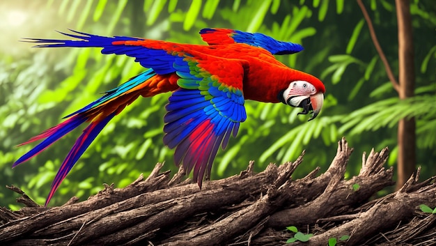 A parrot with a blue and red tail flies over a nest.