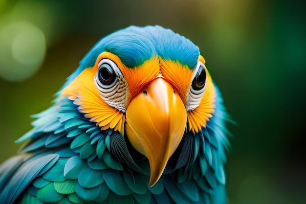 A parrot with a blue and yellow beak is looking at the camera.