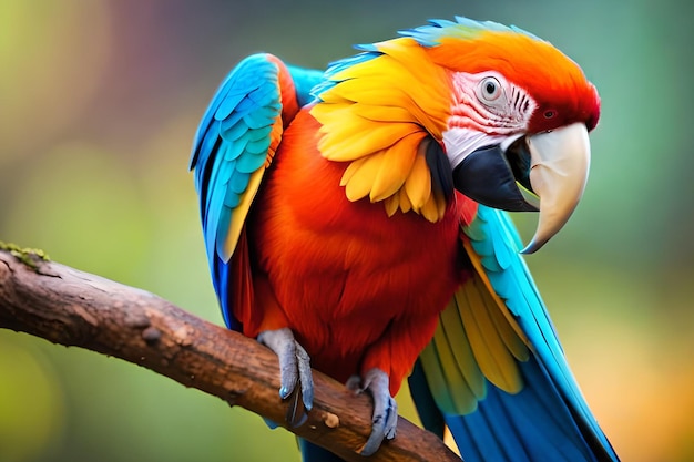 Попугай с голубым и желтым клювом сидит на ветке.