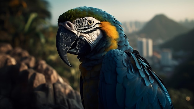 A parrot with a blue and yellow beak sits on a rock.