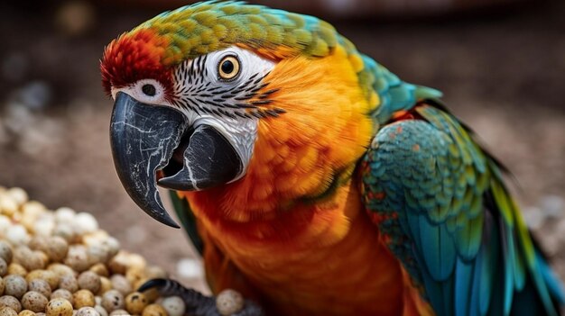 A parrot with a blue and yellow face sits on a pile of peanuts.