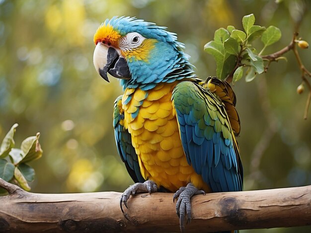 A parrot with a blue and yellow wing is sitting on a branch