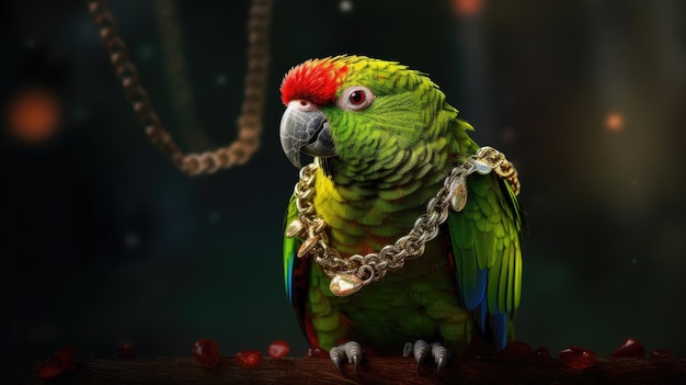 A parrot with a chain around its neck