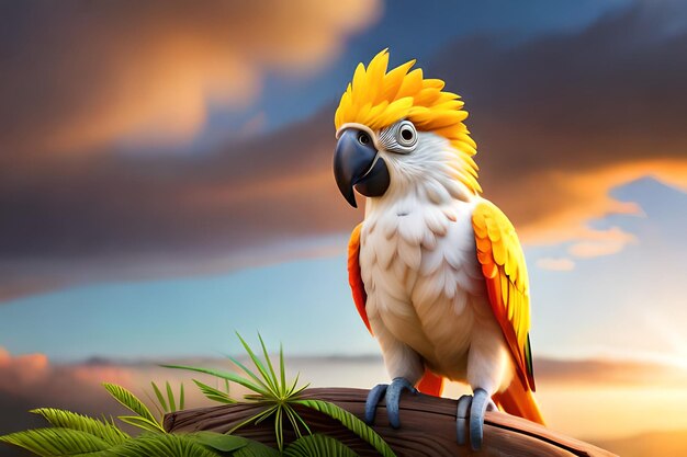 A parrot with a cloudy sky in the background