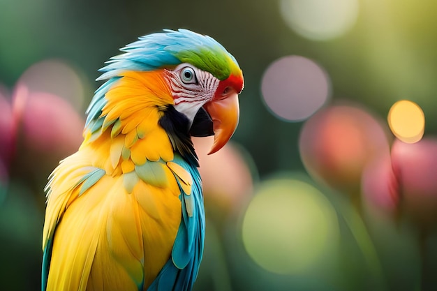 A parrot with a colorful beak sits on a blurred background