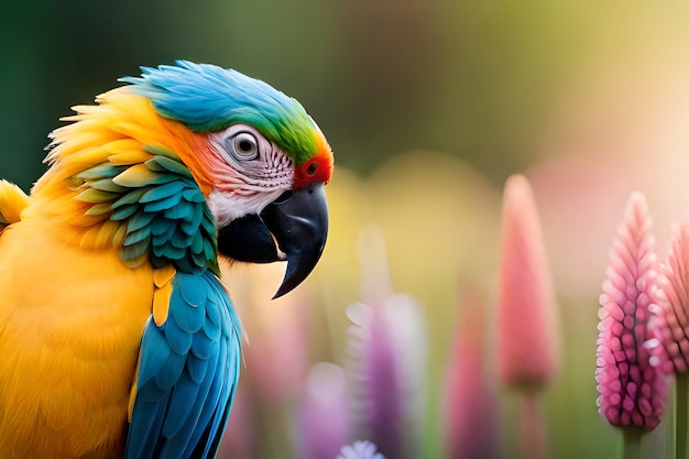 A parrot with a colorful beak sits on a flower bed.