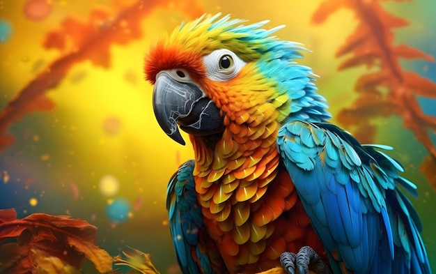 A parrot with a colorful feather on its head sits on a branch.